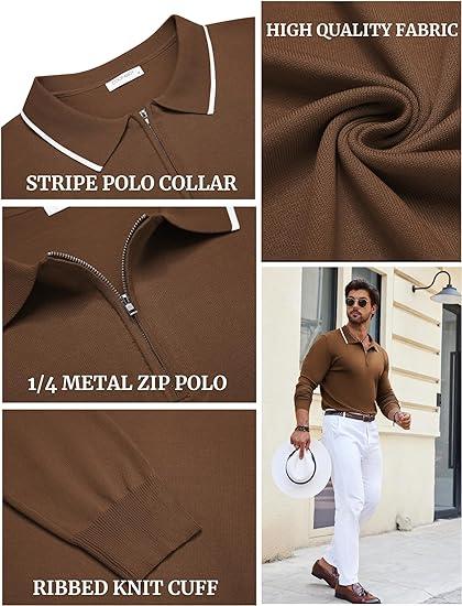 COOFANDY Classic Menswear Knit Polo Shirt Long Sleeve Quarter Zip Polo Sweater Casual Golf Shirts Vintage Striped Collar Polo Fashion Blazer Dress Elastic Elegant Formal Jacket Knitted