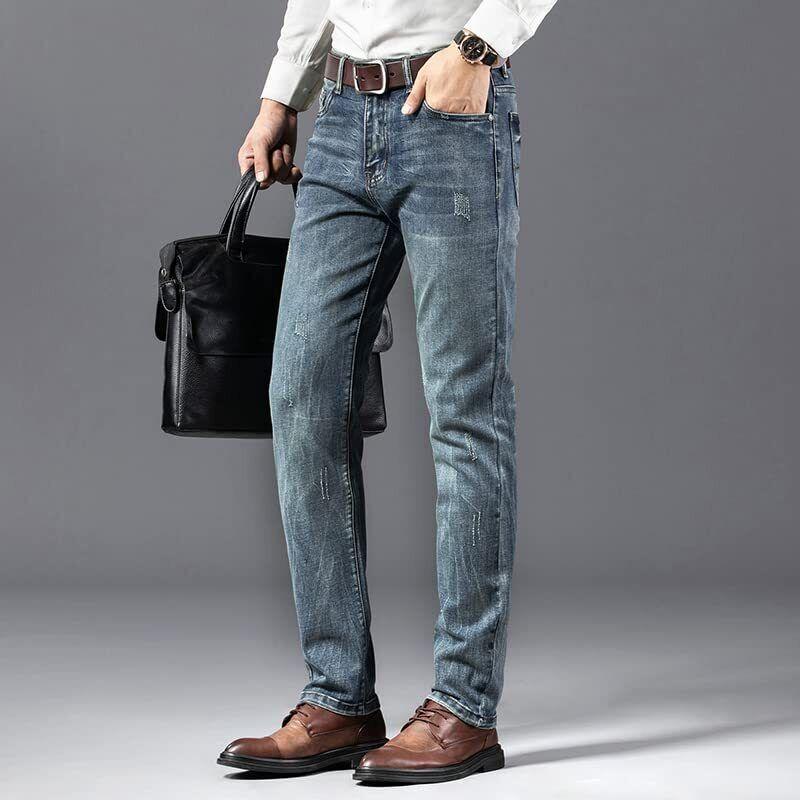 JANTTAWEAR New Regular Straight Men Jeans Denim Ripped Elastic Jeans. Menswear Pants Casual