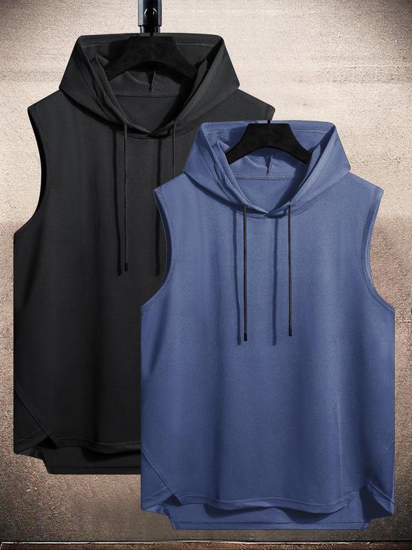 Men's Solid Color Asymmetrical Hem Hooded Tank Top, Regular Fit Casual Drawstring Vest Top for Summer, Men's Streetwear Top for Daily Wear, Men's Summer Clothes