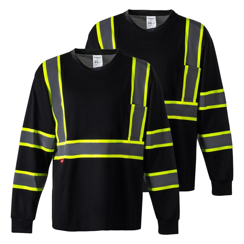 ProtectX Men's High Visibility Heavy Duty Long Sleeve Reflective Safety T-Shirts for Construction Class 2-3 Type R multi pocket Hi-Viz Long