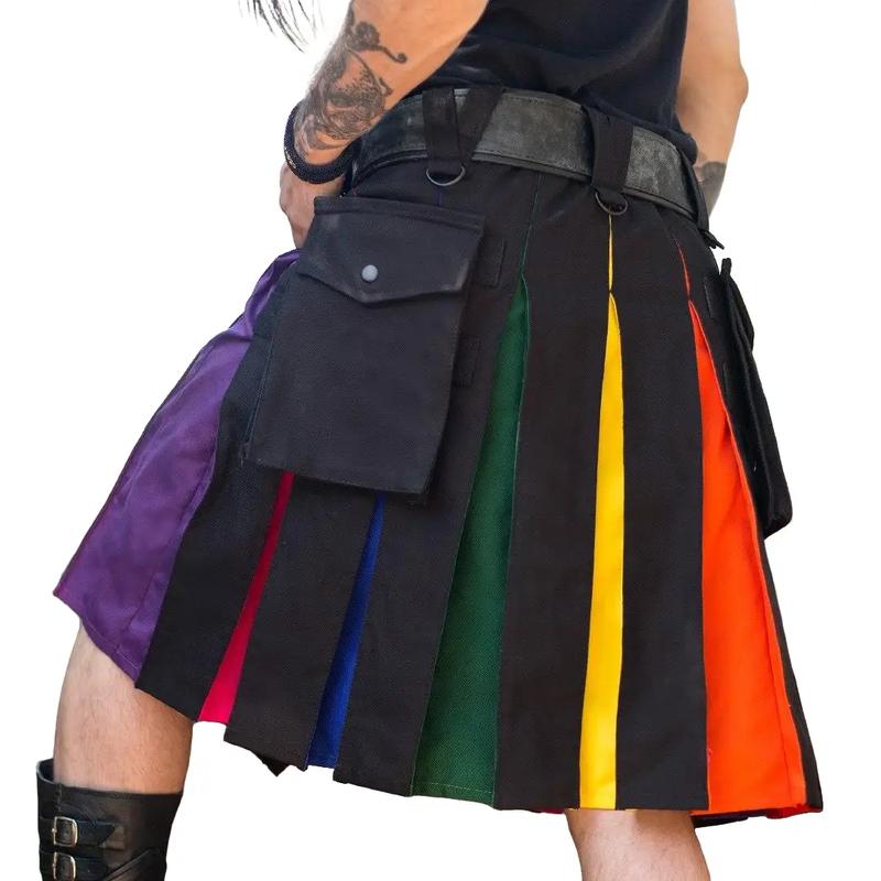 Deluxe hybrid Black Rainbow Utility Cargo Kilt With Two Pockets Size 30