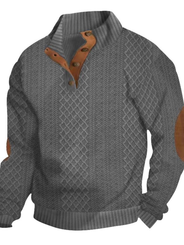 Men's Regular Fit Patched Button Front Cardigan, Casual Long Sleeve Stand Collar Knitwear for Spring & Fall, Fashion Men's Knit Clothing for Daily Wear