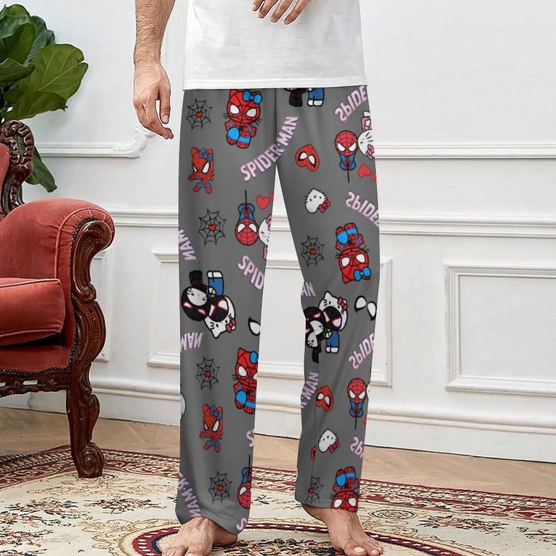 Stylish Pajamas Cute Spiderman & Hello Cat Cartoon Comfy Pajamas Men and Women Printed Pajama Pockets on Both Sides for Unisex Adult for Family and Friends Gifts