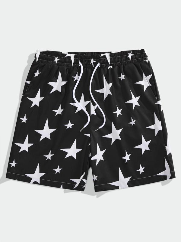 Men's All Over Star Print Drawstring Waist Shorts, Casual Regular Fit Pocket Straight Leg Shorts For Summer, Fashion Men's Streetwear For Beach Vacation