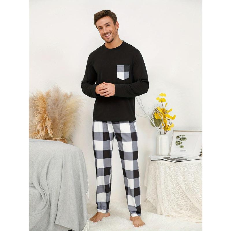 New-2 Pcs Men's Cool Long Sleeves With Pocket & Plaid Pants Pajama Sets, Comfortable & Skin-friendly Style Pajamas For Men's Cozy Loungewear Crewneck Fabric