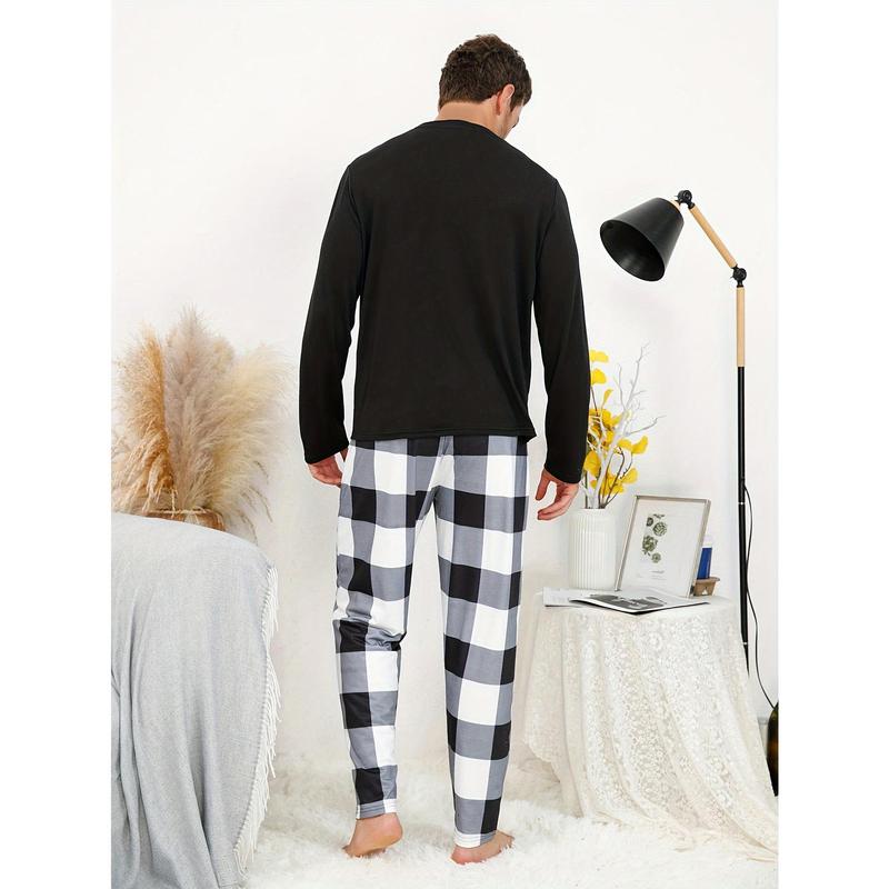 New-2 Pcs Men's Cool Long Sleeves With Pocket & Plaid Pants Pajama Sets, Comfortable & Skin-friendly Style Pajamas For Men's Cozy Loungewear Crewneck Fabric