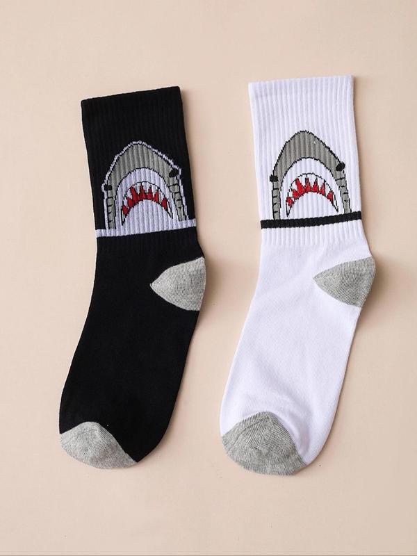 Men's 2 Pairs Shark Print Crew Socks, Casual Comfortable Breathable Animal Print Socks for All Seasons, Men's Socks for Daily Wear, Comfort Wear for Men, Menswear