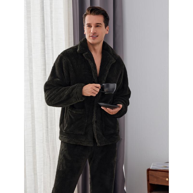 Mens Plush Warm Pajama Sets Soft Fluffy Flannel Sleepwear with Pockets Cozy Loungewear Pjs Set for Men