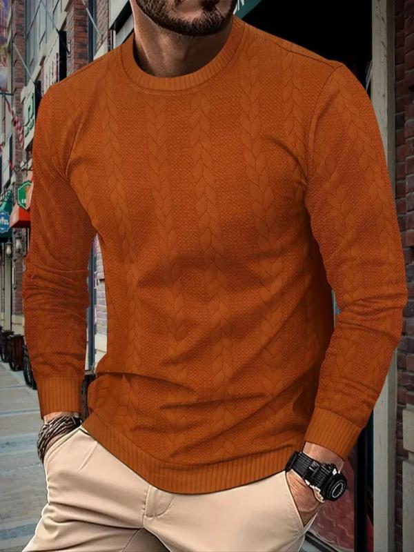 Men's Solid  Cable Knit Round Neck Sweater, Regular Fit Casual Long Sleeve Crew Neck Jumper for Fall & Winter, Fashion Men's Knitwear for Daily Wear