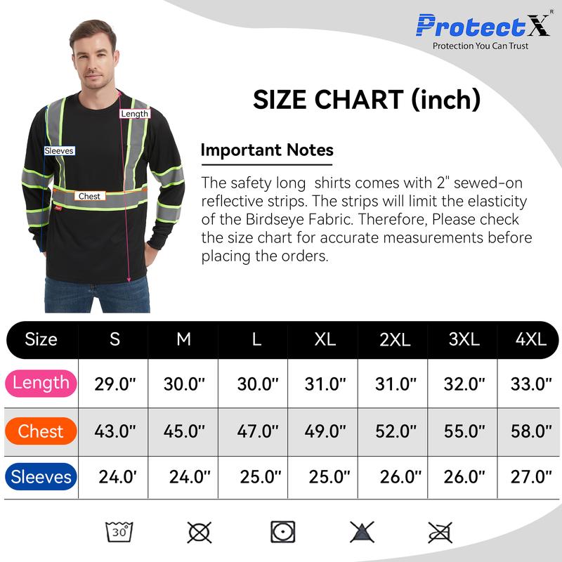 ProtectX Men's High Visibility Heavy Duty Long Sleeve Reflective Safety T-Shirts for Construction Class 2-3 Type R multi pocket Hi-Viz Long