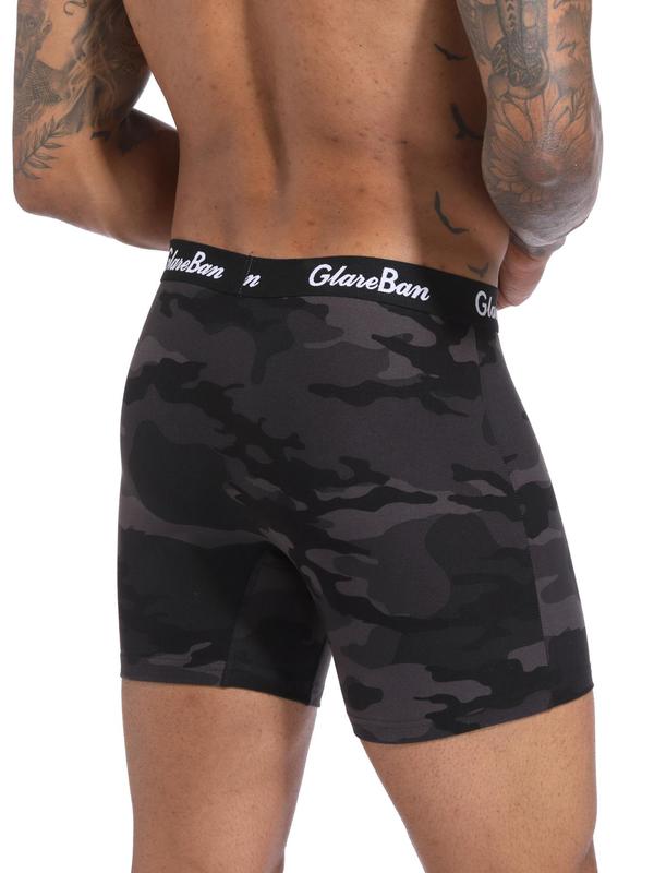 Men's Camo Print Letter Boxer Brief, Breathable Comfy Underwear for Daily Wear, Men's Underwear for All Seasons