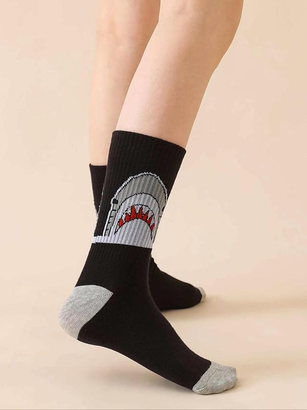 Men's 2 Pairs Shark Print Crew Socks, Casual Comfortable Breathable Animal Print Socks for All Seasons, Men's Socks for Daily Wear, Comfort Wear for Men, Menswear