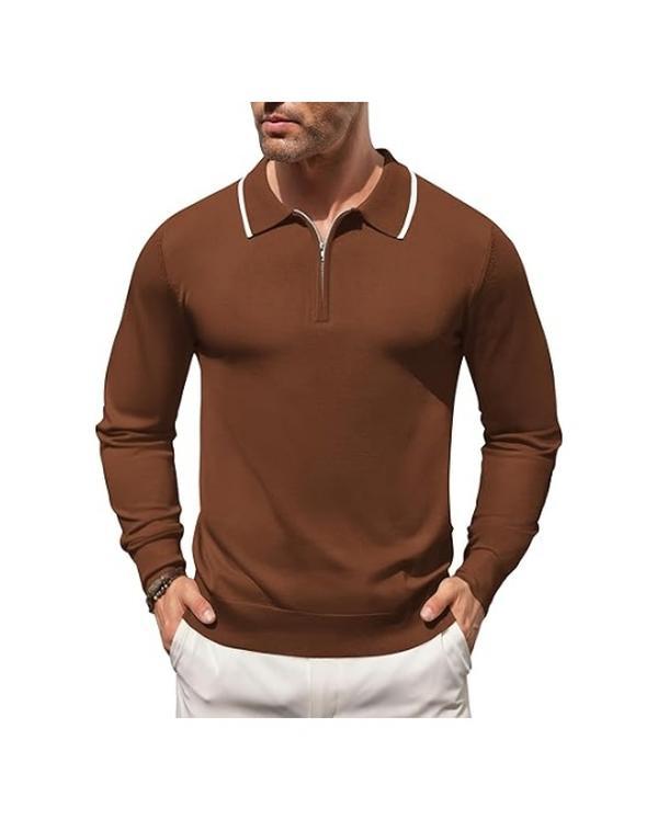 COOFANDY Classic Menswear Knit Polo Shirt Long Sleeve Quarter Zip Polo Sweater Casual Golf Shirts Vintage Striped Collar Polo Fashion Blazer Dress Elastic Elegant Formal Jacket Knitted