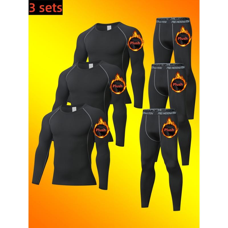 3 Sets Men's High-end Thermal Underwear Set - Plush Lined Moisture Wicking Compression Sports Top & Leggings For Running, Skiing, Outdoor Activities In Fall Winter