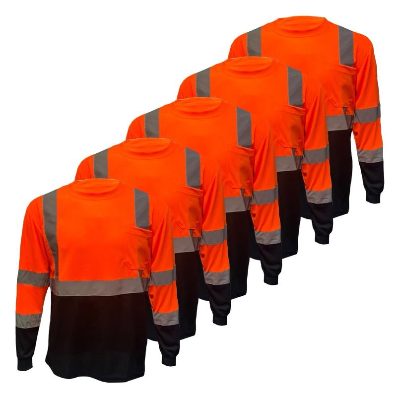 5 PACK - High Visibility Variety Pack with Solid Yellow and Orange or Two Tone Long Sleeve Safety Shirt Available in Yellow, Orange or Blue with Black Bottom Half - Birdeye Fabric