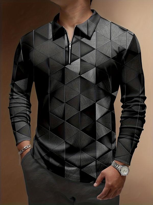 Men's All Over Geometric Print Half Zipper Polo Shirt, Regular Fit Casual Long Sleeve Collared Top for All Seasons, Fashion Men's Clothes for Daily Wear