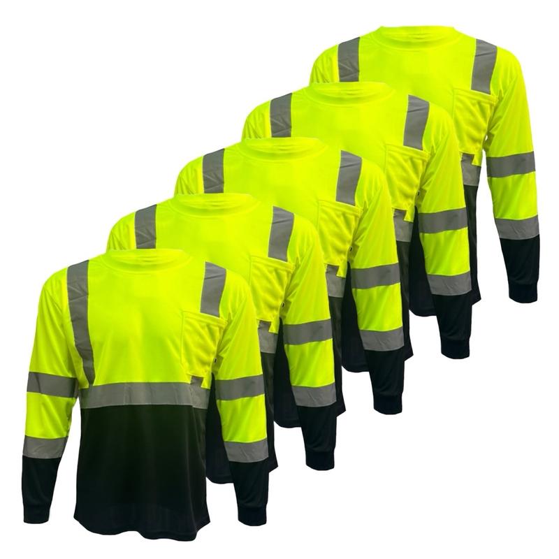 5 PACK - High Visibility Variety Pack with Solid Yellow and Orange or Two Tone Long Sleeve Safety Shirt Available in Yellow, Orange or Blue with Black Bottom Half - Birdeye Fabric