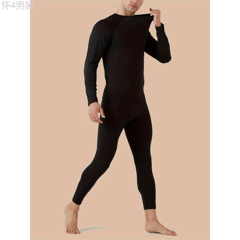 Men's 4pcs Thermal Underwear Set - Long Sleeve Crew Neck Tops & Pants, Stretchy Fleece-Lined Base Layer for Winter Warmth Fabric Menswear