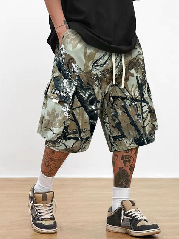 Men's Camo Print Patched Pocket Drawstring Waist Cargo Shorts, Street Fashion Loose Straight Leg Shorts, Summer Outfits 2024, Mens Clothing