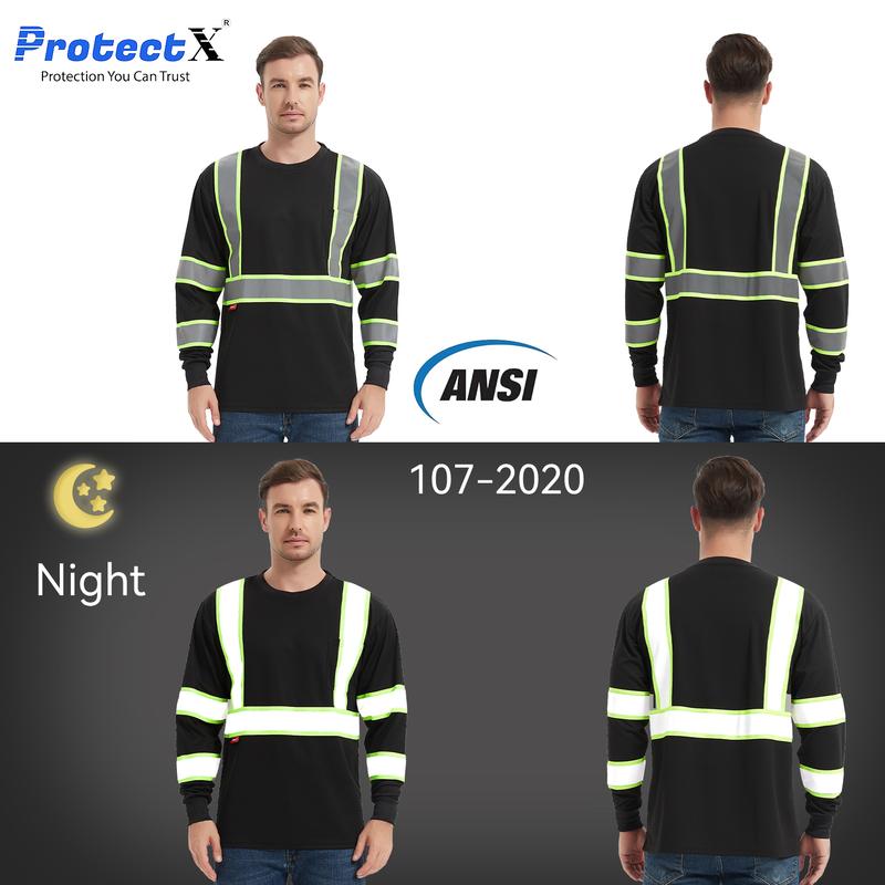 ProtectX Men's High Visibility Heavy Duty Long Sleeve Reflective Safety T-Shirts for Construction Class 2-3 Type R multi pocket Hi-Viz Long