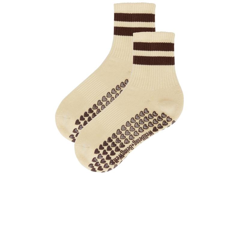 WellBeing + BeingWell Striped Half Crew Grip Sock in Cream & Espresso