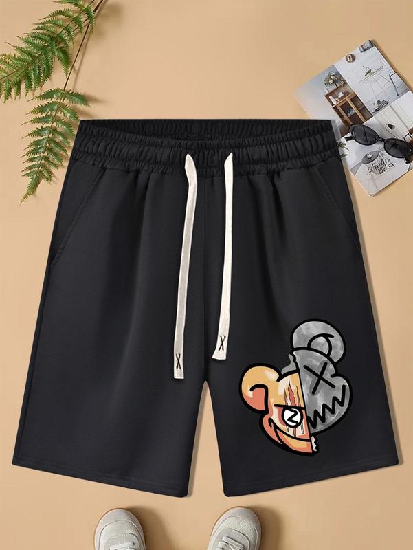 Men's Cartoon Bear Print Drawstring Waist Shorts, Regular Fit Casual Pocket Straight Leg Shorts, Shorts for Men, Men's Summer Streetwear for Daily Wear