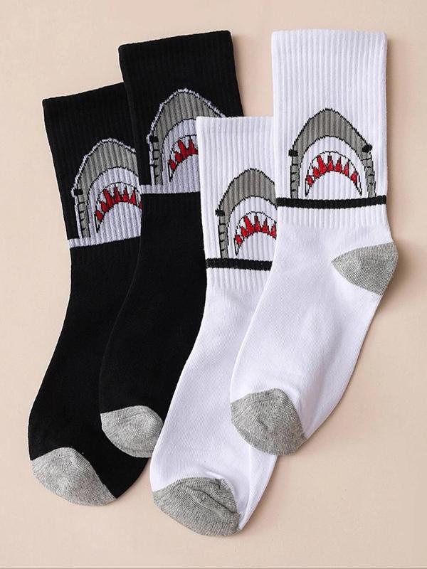 Men's 2 Pairs Shark Print Crew Socks, Casual Comfortable Breathable Animal Print Socks for All Seasons, Men's Socks for Daily Wear, Comfort Wear for Men, Menswear