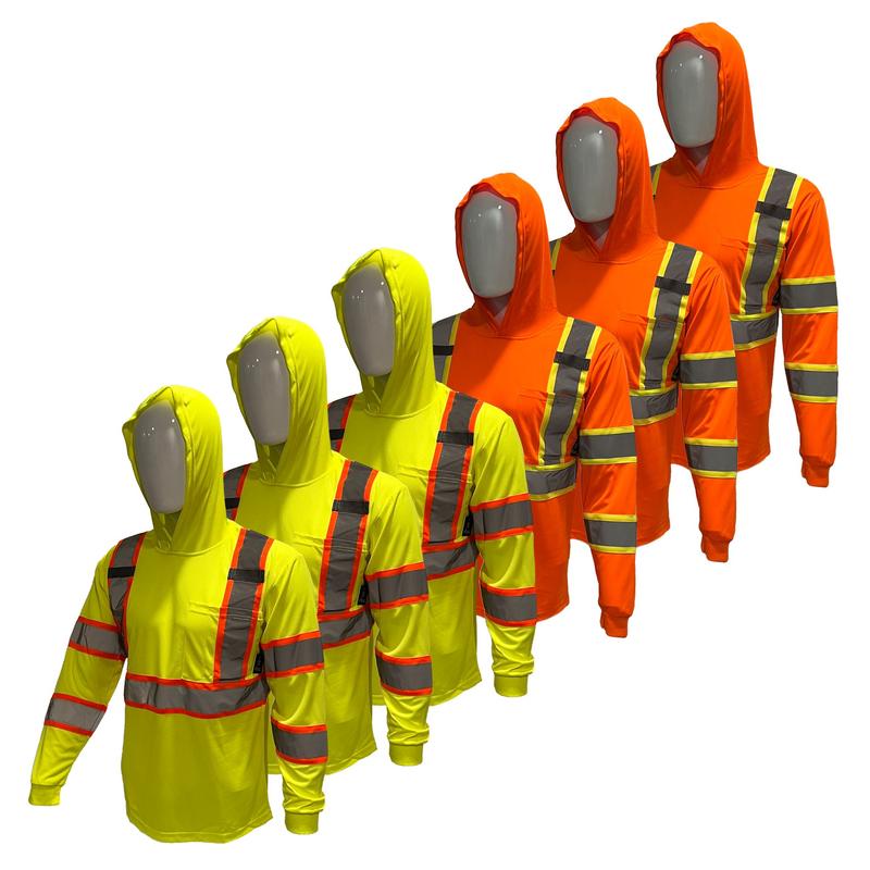 6 PACK SHIRT High Visibility Long Sleeve Safety Shirt with hoodie   Class 3 Polyester shirt (SEE SIZEING INFORMATION ON DESCRITION)