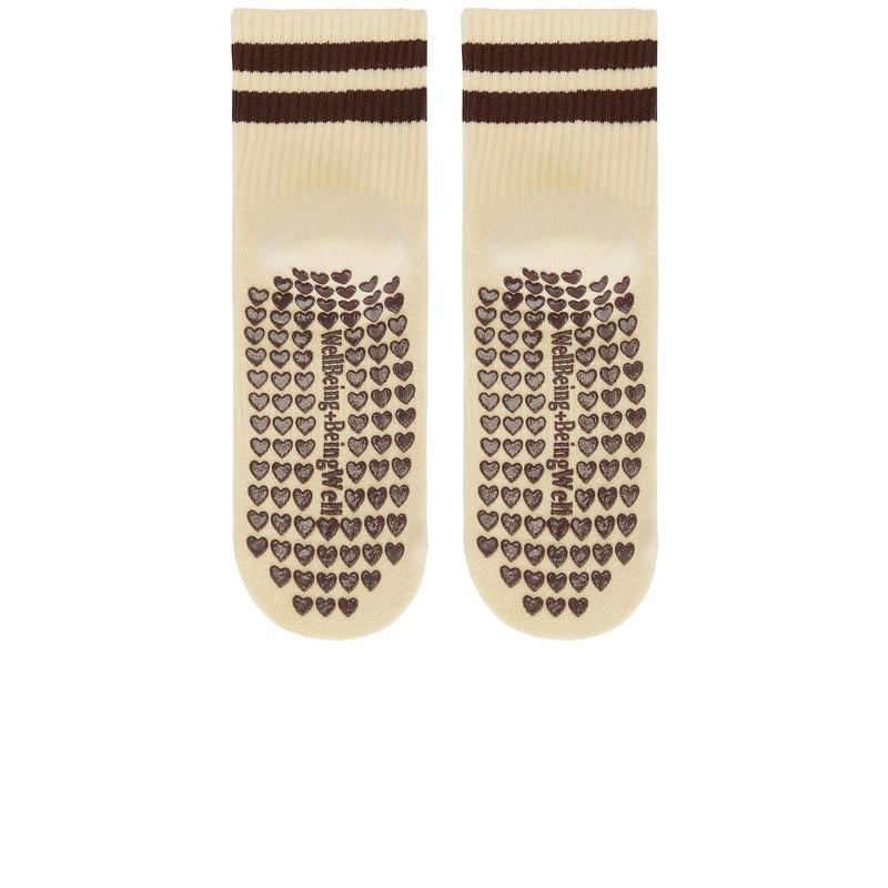 WellBeing + BeingWell Striped Half Crew Grip Sock in Cream & Espresso