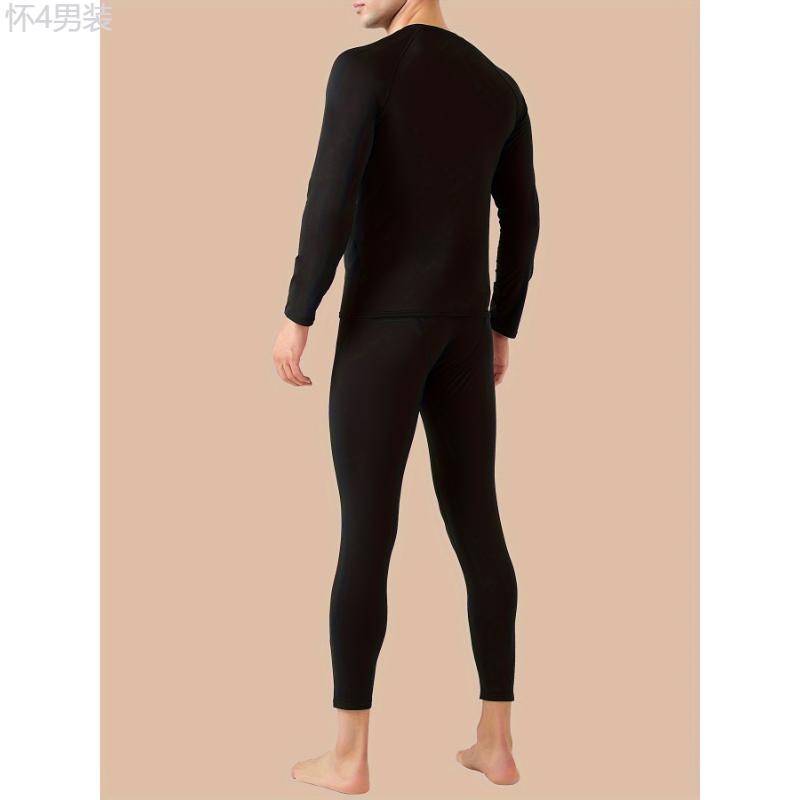 Men's 4pcs Thermal Underwear Set - Long Sleeve Crew Neck Tops & Pants, Stretchy Fleece-Lined Base Layer for Winter Warmth Fabric Menswear