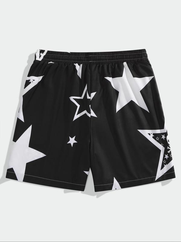 Men's All Over Star Print Drawstring Waist Shorts, Casual Regular Fit Pocket Straight Leg Shorts For Summer, Fashion Men's Streetwear For Beach Vacation