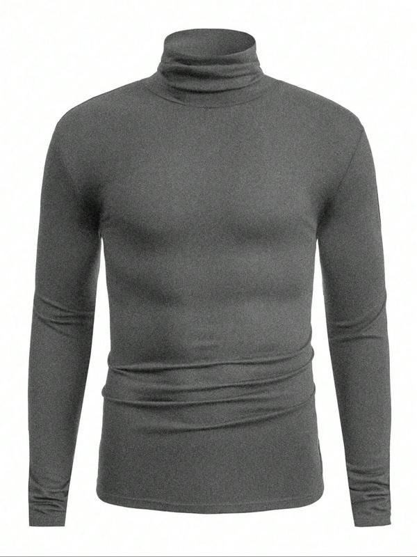 Men's Solid Long Sleeve Turtle Neck Thermal Underwear Top, Casual Comfy Base Layer T-Shirt for Spring & Fall, Men's Clothes for Daily Wear