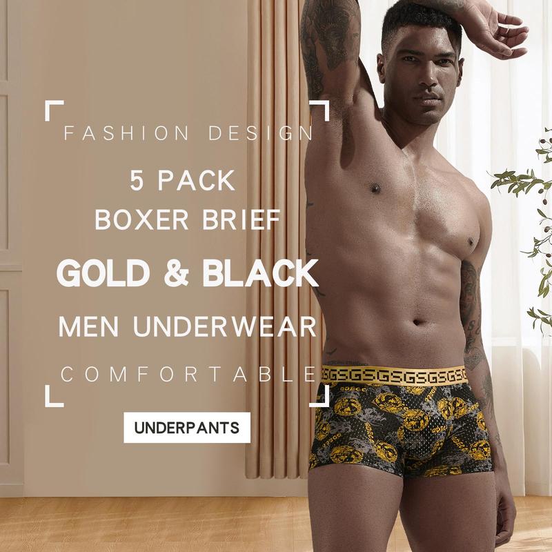 Men's Boxer Brief in Black and Gold - Breathable and Comfortable Cotton Spandex Blend - Fabric, Elegant,Cotton Men's Boxer Briefs Pack