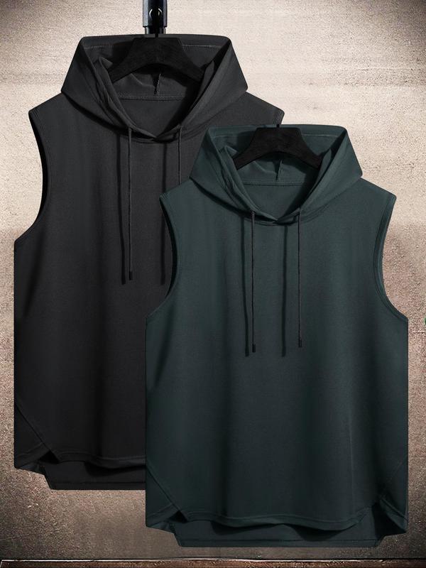 Men's Solid Color Asymmetrical Hem Hooded Tank Top, Regular Fit Casual Drawstring Vest Top for Summer, Men's Streetwear Top for Daily Wear, Men's Summer Clothes