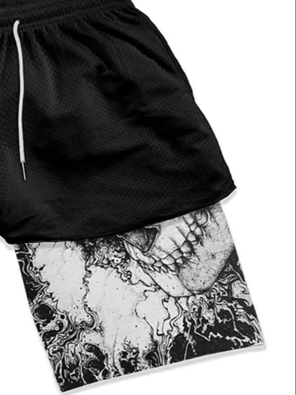 Men's Skull Print 2 IN 1 Drawstring Waist Shorts, Casual Regular Fit Hollow Out Straight Leg Shorts for Summer, Men's Bottoms for Outdoor Wear