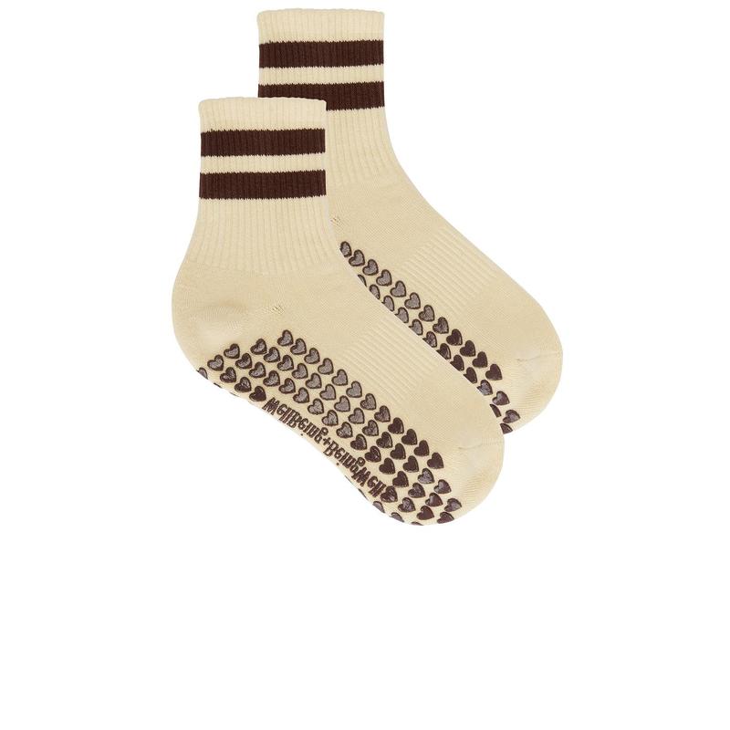 WellBeing + BeingWell Striped Half Crew Grip Sock in Cream & Espresso