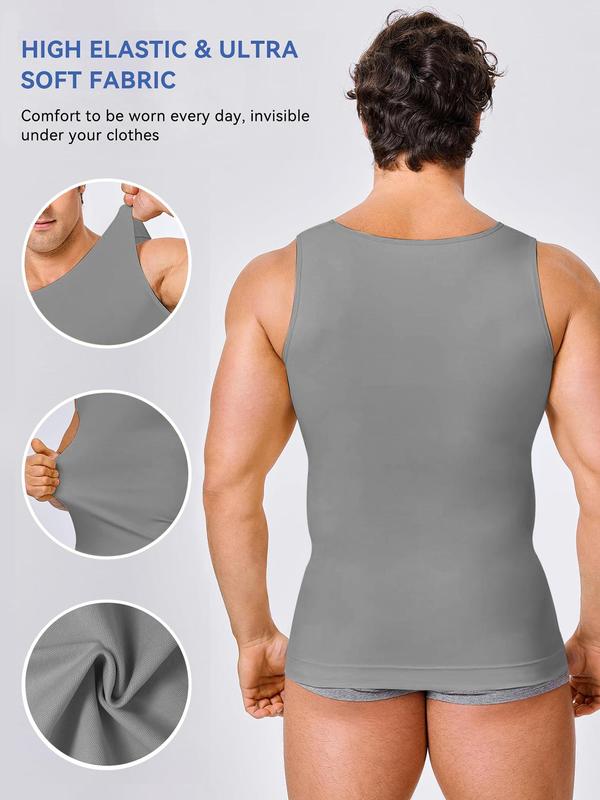 Men's Solid Round Neck Compression Shapewear Tank Top, High Stretch Tummy Control Shaper, Seamless Shapewear Top for Men