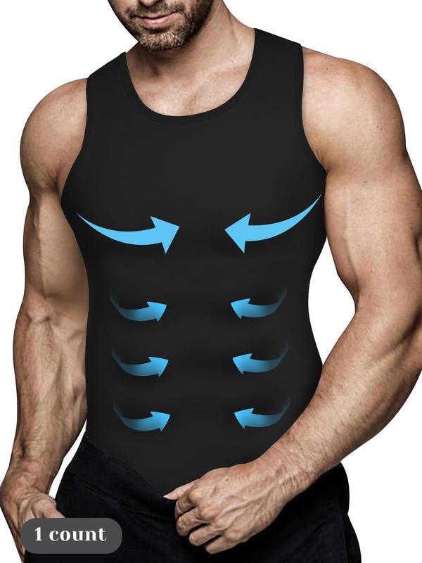 Men's Solid Round Neck Compression Shapewear Tank Top, High Stretch Tummy Control Shaper, Seamless Shapewear Top for Men