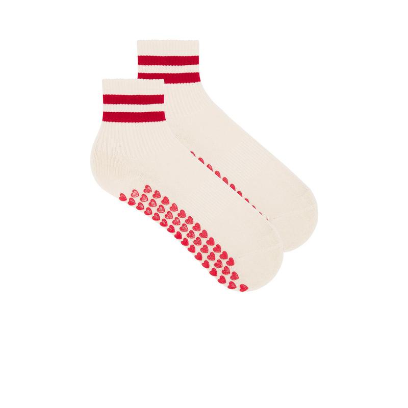 WellBeing + BeingWell Striped Half Crew Grip Sock in Cream & Espresso