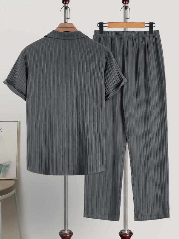 Men's Plain Textured Loungewear Pajamas Set, Casual Button Front Shortsleeve Shirt & Elastic Waist Pants without Tee & Necklace, Back To School Wear,  Male Nightwear,  Menswear, Men's Nightwear