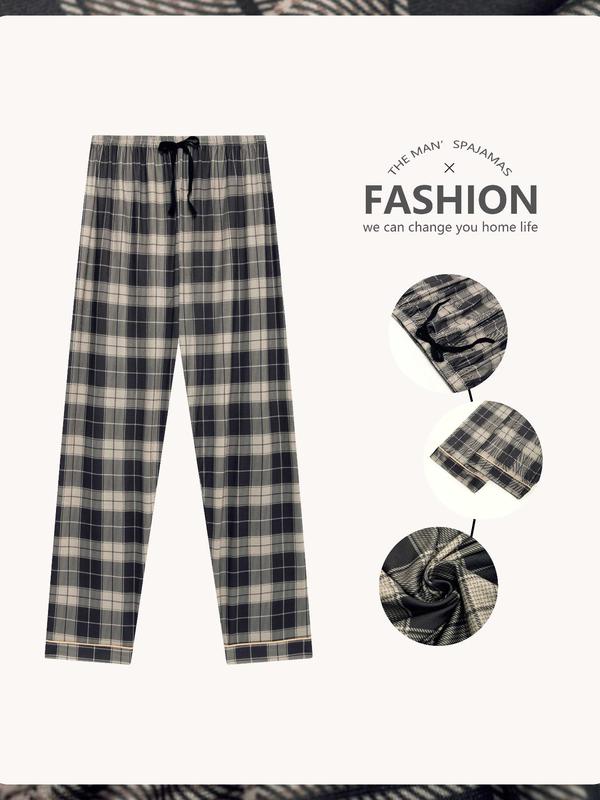 Men's Plaid Print Tie Front Pajama Pants, Casual Comfy Elastic Waist Sleep Trousers for Daily Wear, Sleepwear & Loungewear for All Seasons