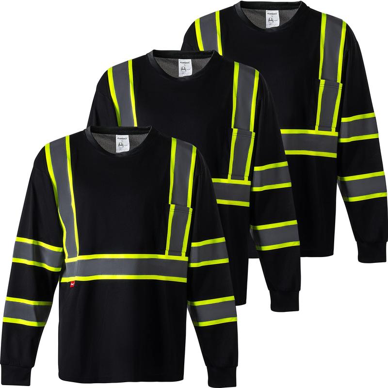 ProtectX Men's High Visibility Heavy Duty Long Sleeve Reflective Safety T-Shirts for Construction Class 2-3 Type R multi pocket Hi-Viz Long