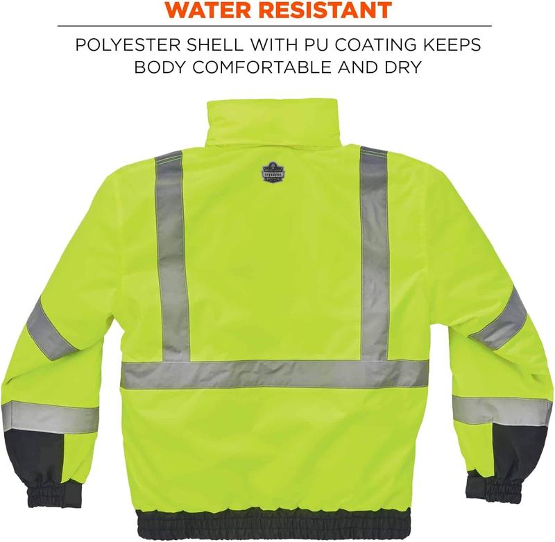 Ergodyne Standard Hi Vis Bomber Safety Jacket - Wind and Water Resistant with Thermal Insulation and Reflective Material