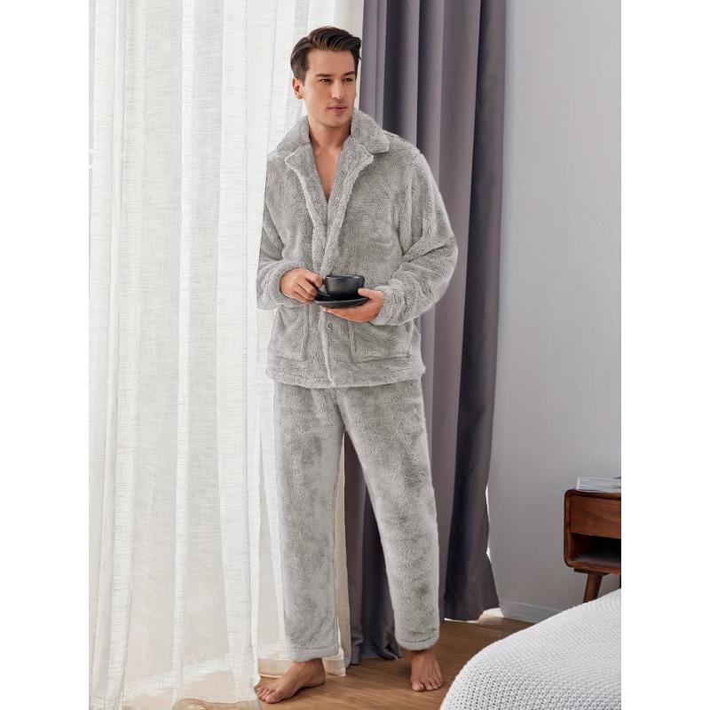 Mens Plush Warm Pajama Sets Soft Fluffy Flannel Sleepwear with Pockets Cozy Loungewear Pjs Set for Men