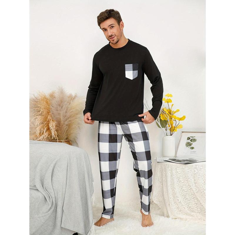 New-2 Pcs Men's Cool Long Sleeves With Pocket & Plaid Pants Pajama Sets, Comfortable & Skin-friendly Style Pajamas For Men's Cozy Loungewear Crewneck Fabric