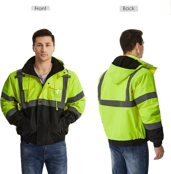 American size High Visibility Reflective Jackets for Men, Waterproof Safety Jacket for Men with Pockets, Yellow Work Construction Coats for Winter Cold Weather