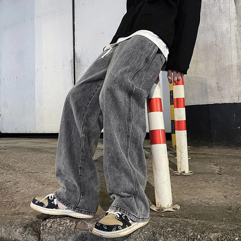 Korean classic popular men's loose jeans, fashionable straight-leg Baggy wide-leg pants, student casual pants, black, gray