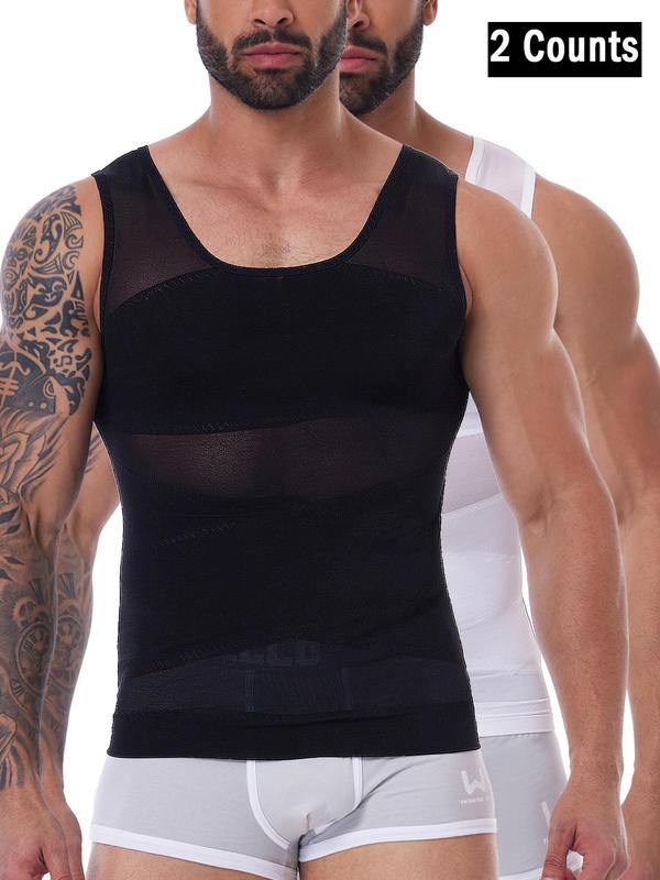 Men's Solid Sheer Compression Shapewear Tank Top, High Stretch Tummy Control Shaper, Men's Shapewear for Daily Wear