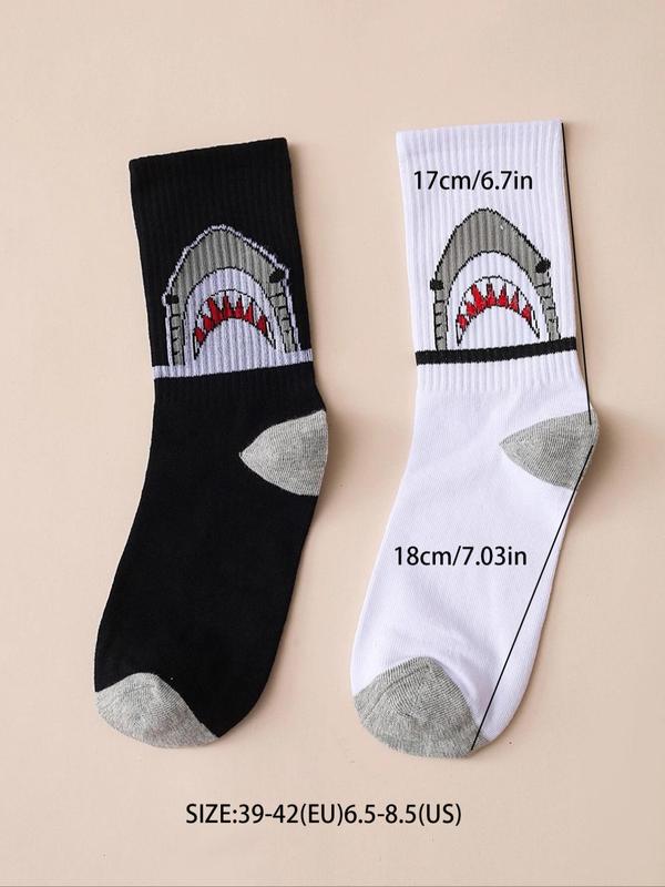 Men's 2 Pairs Shark Print Crew Socks, Casual Comfortable Breathable Animal Print Socks for All Seasons, Men's Socks for Daily Wear, Comfort Wear for Men, Menswear