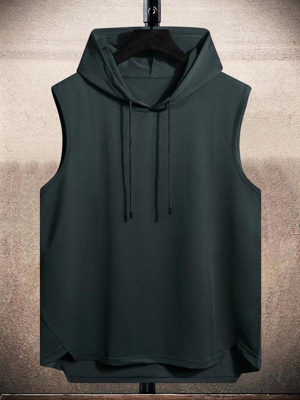 Men's Solid Color Asymmetrical Hem Hooded Tank Top, Regular Fit Casual Drawstring Vest Top for Summer, Men's Streetwear Top for Daily Wear, Men's Summer Clothes